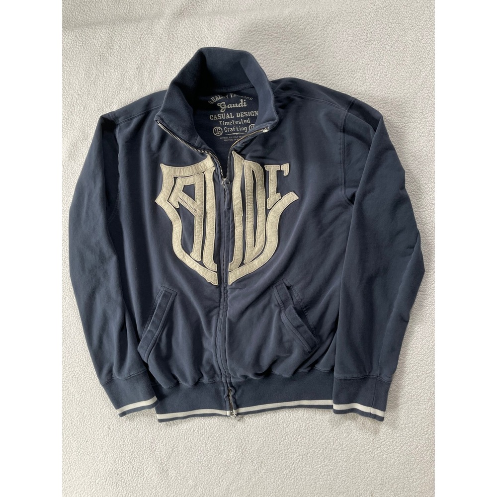 Gaudi Mens Large Zip‎ Up Track Jacket Navy Blue Graphic Mock Neck Striped Trim
